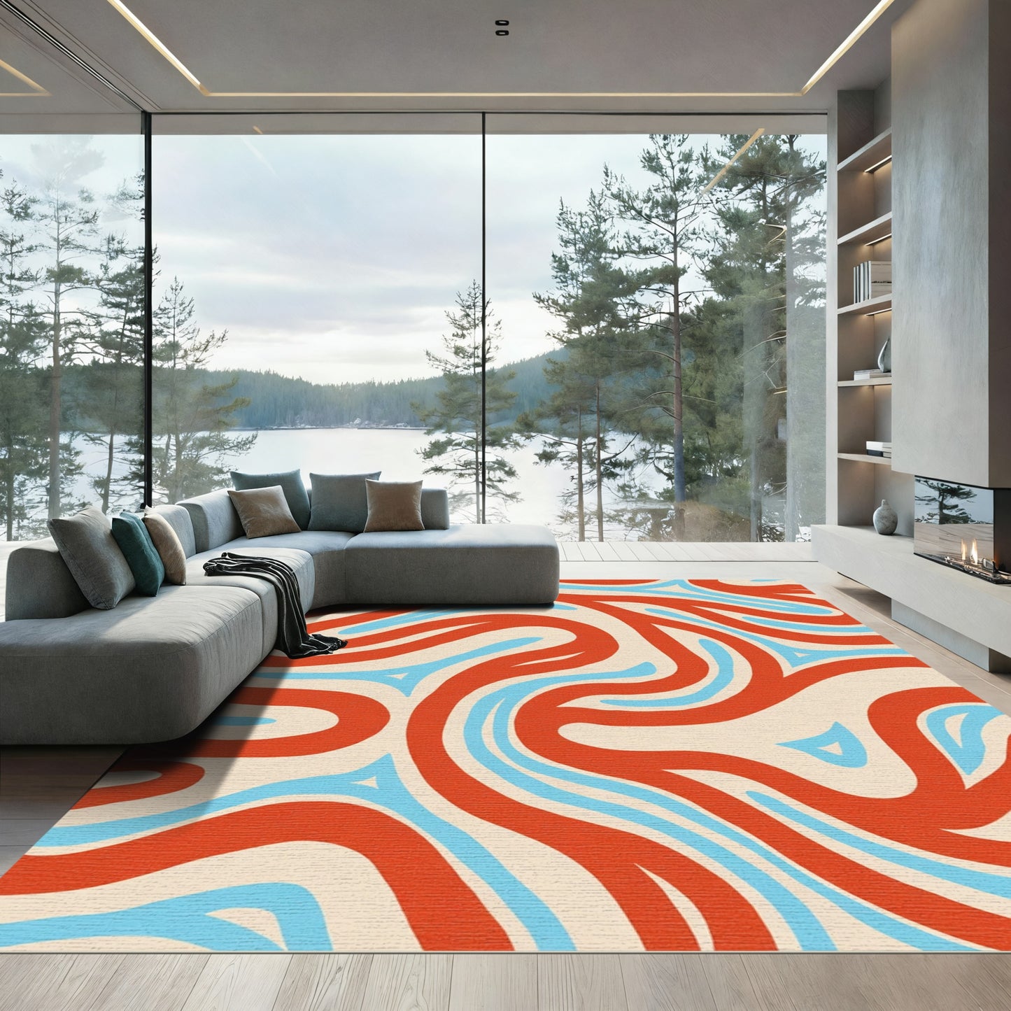 Crimson Blue Swirl Abstract Rug