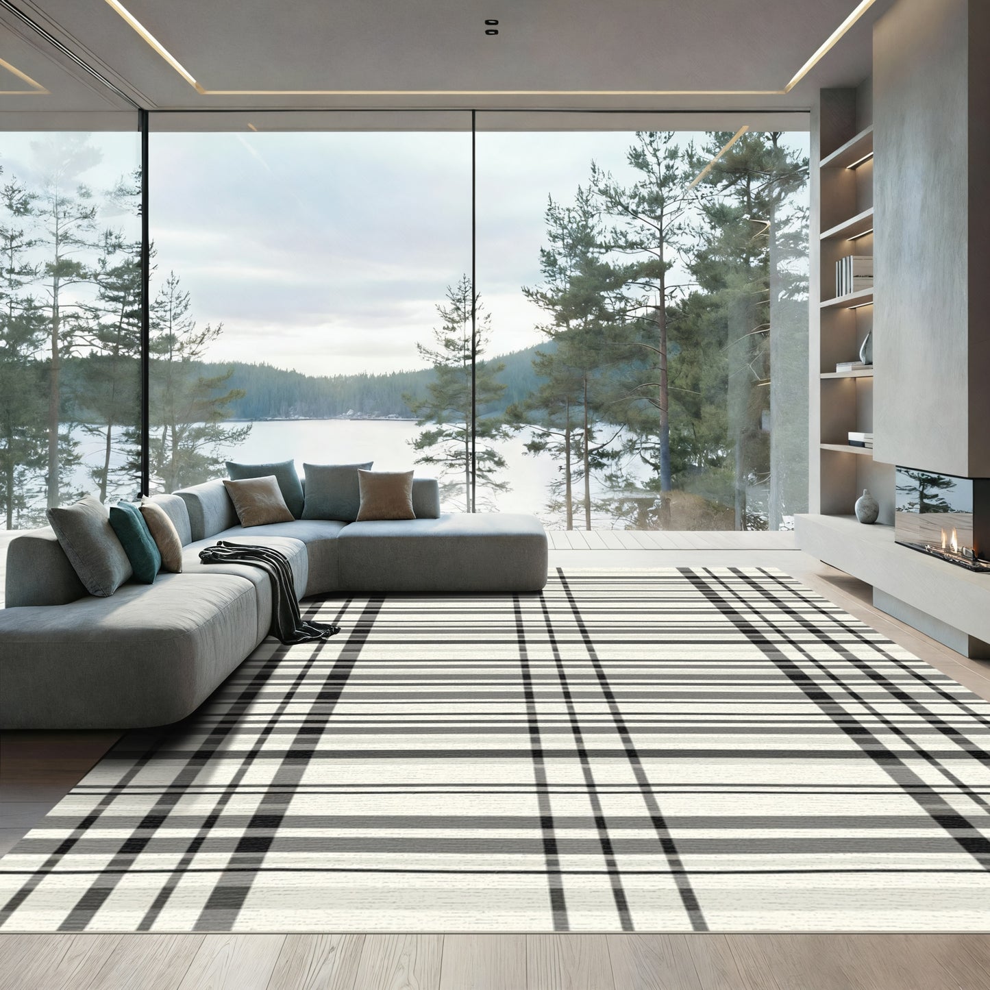 Classic Gray Black Plaid Stripes Rug