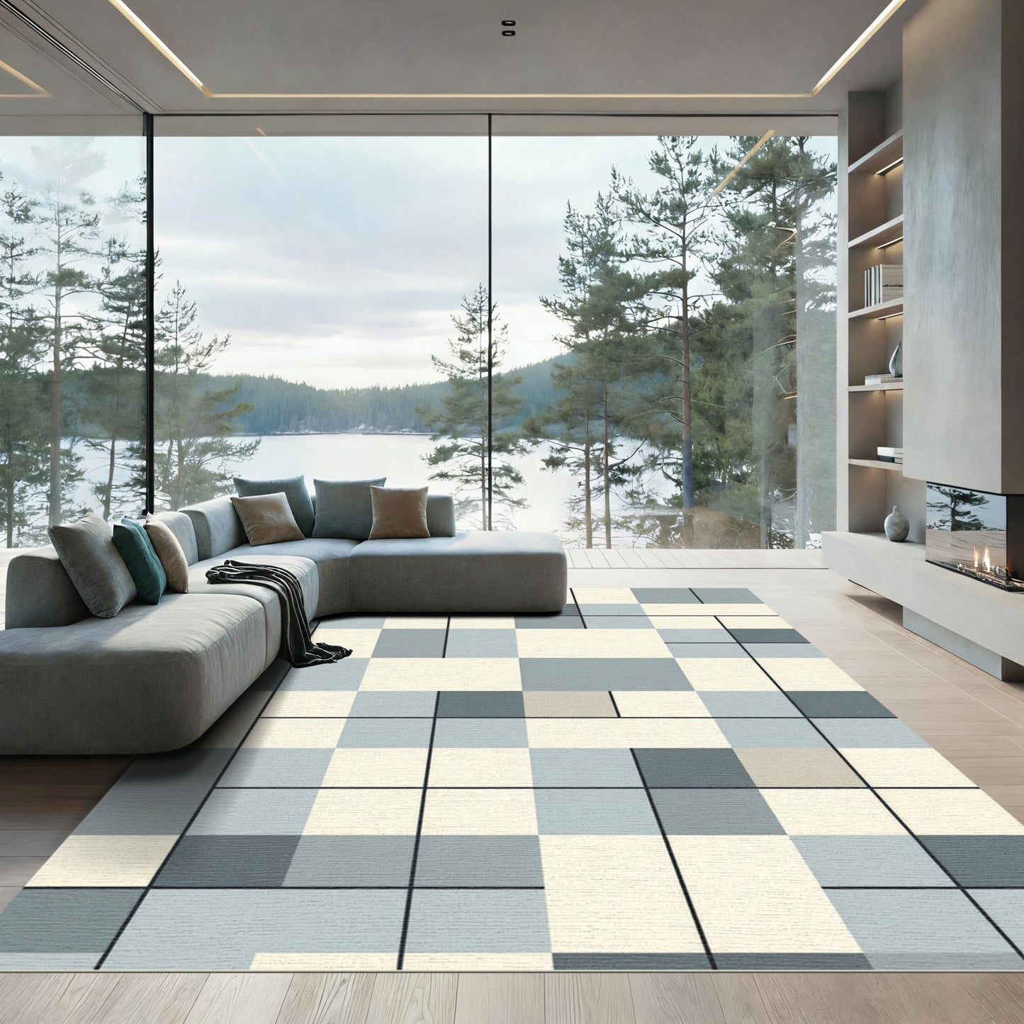 Gridded Blue Cream Geometric Grid Rug