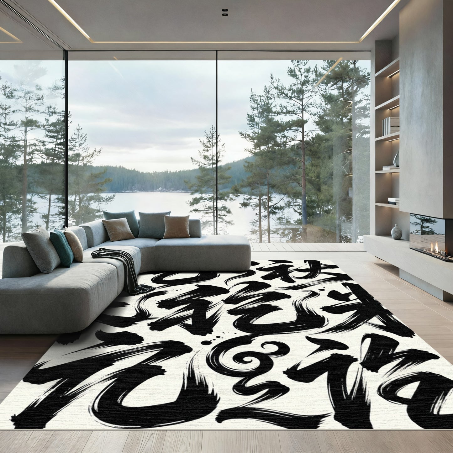 Monochrome Abstract Ink Brush Stroke Art Rug