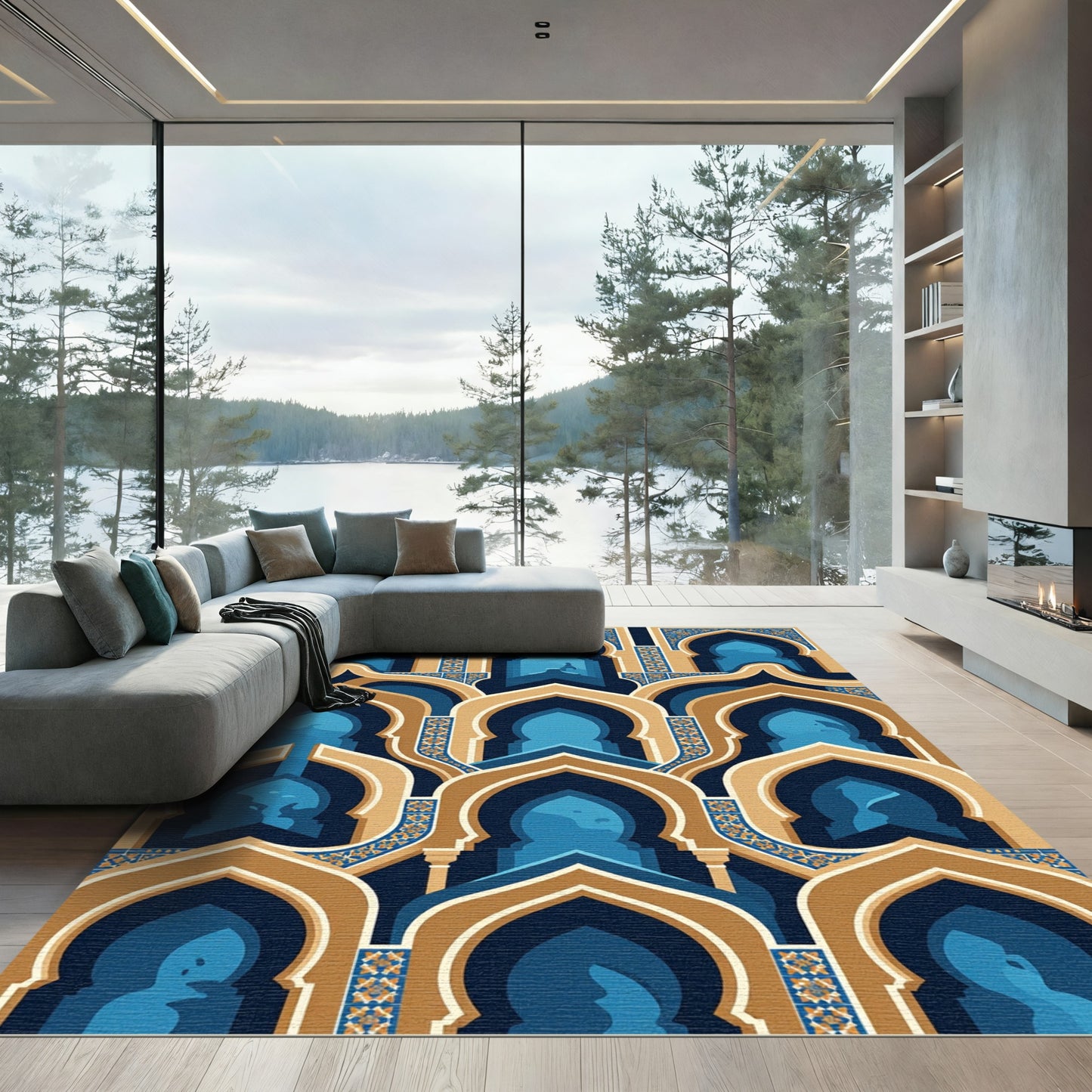 Golden Archway Blue Mosaic Geometric Rug