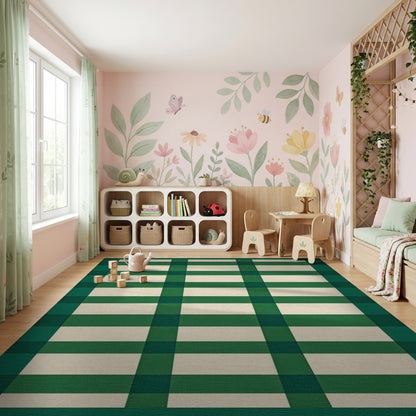 Bold Green White Plaid Check Rug