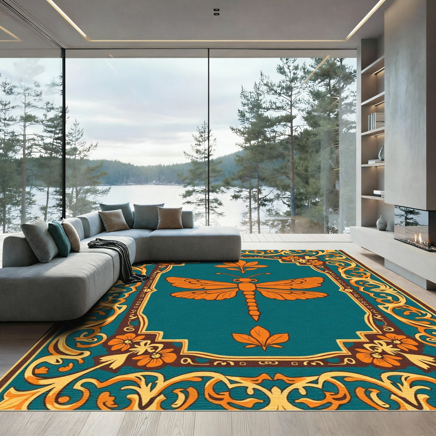Orange Dragonfly Teal Floral Border Rug