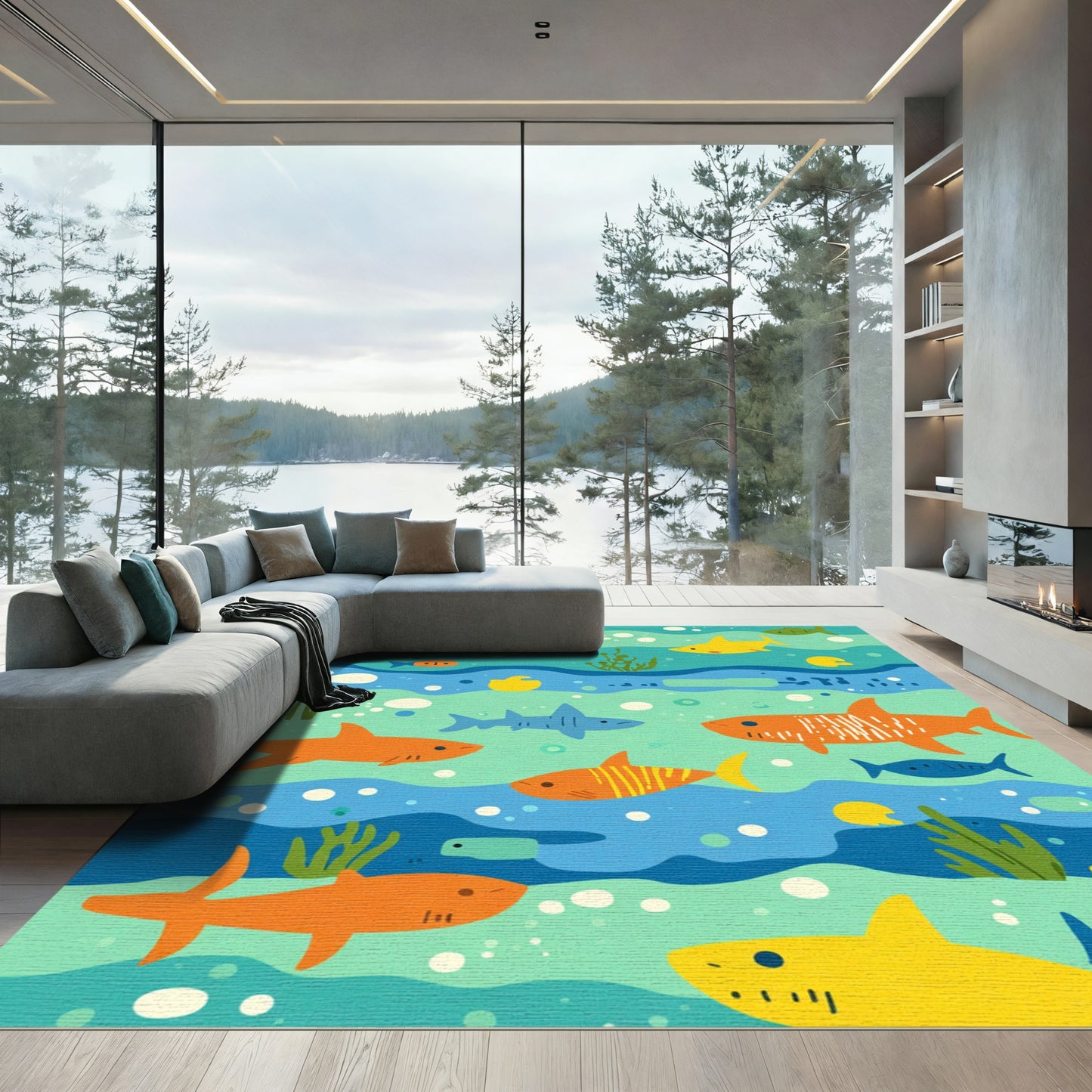 Whimsical Aquatic Shark School Rug