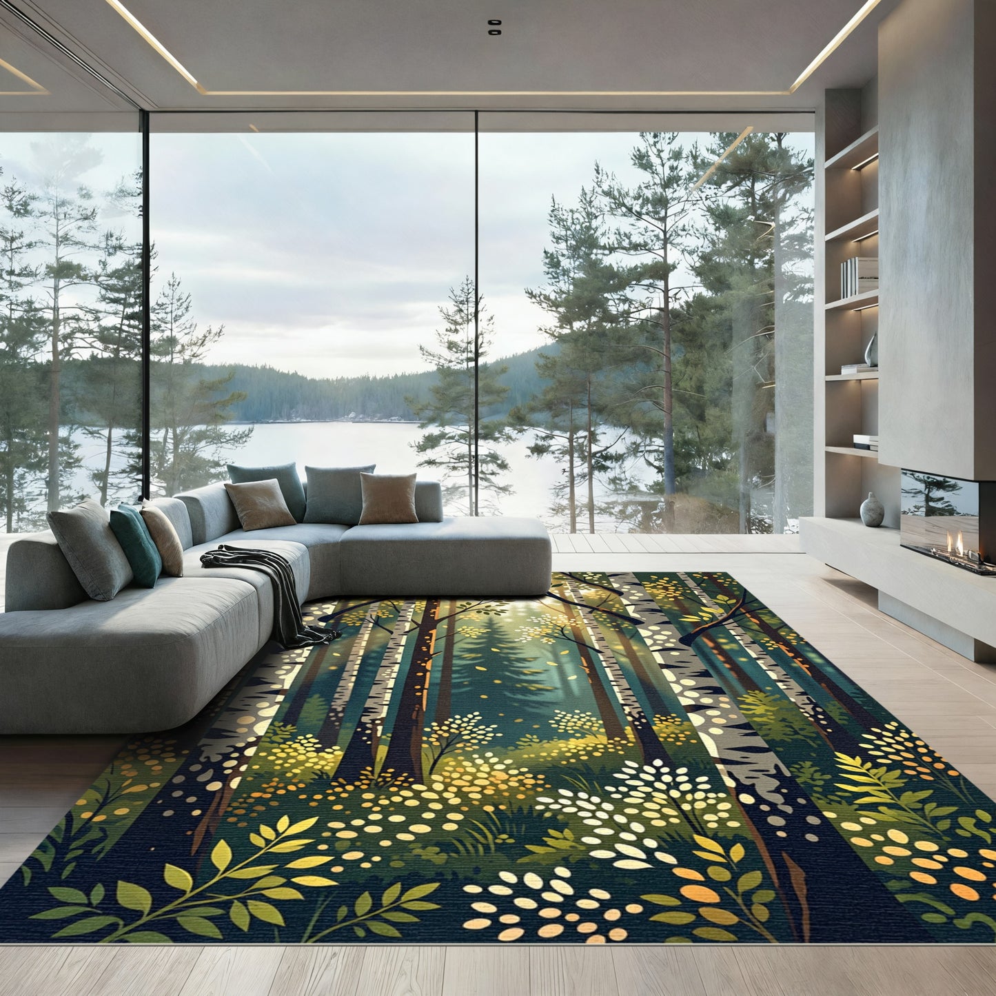 Golden Birch Forest Sunlight Dappled Rug