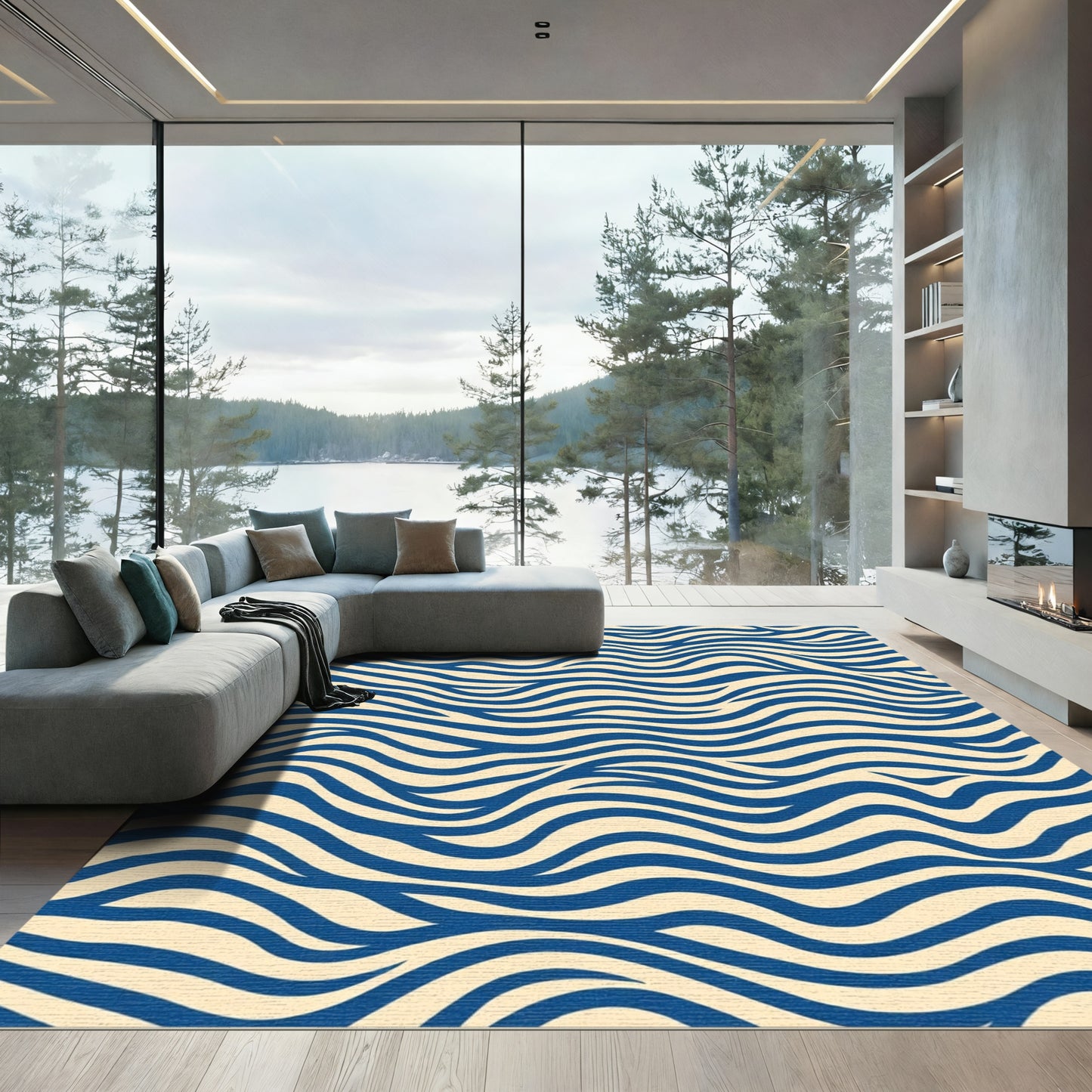 Deep Blue Wavy Stripes Rug