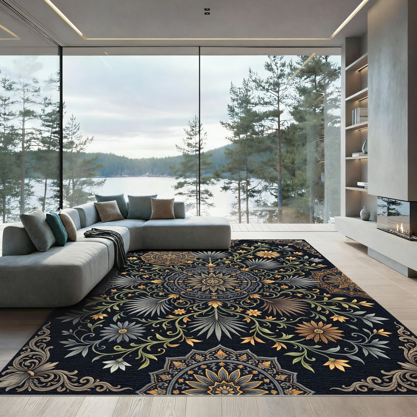 Antique Gold Floral Vine Medallion Rug
