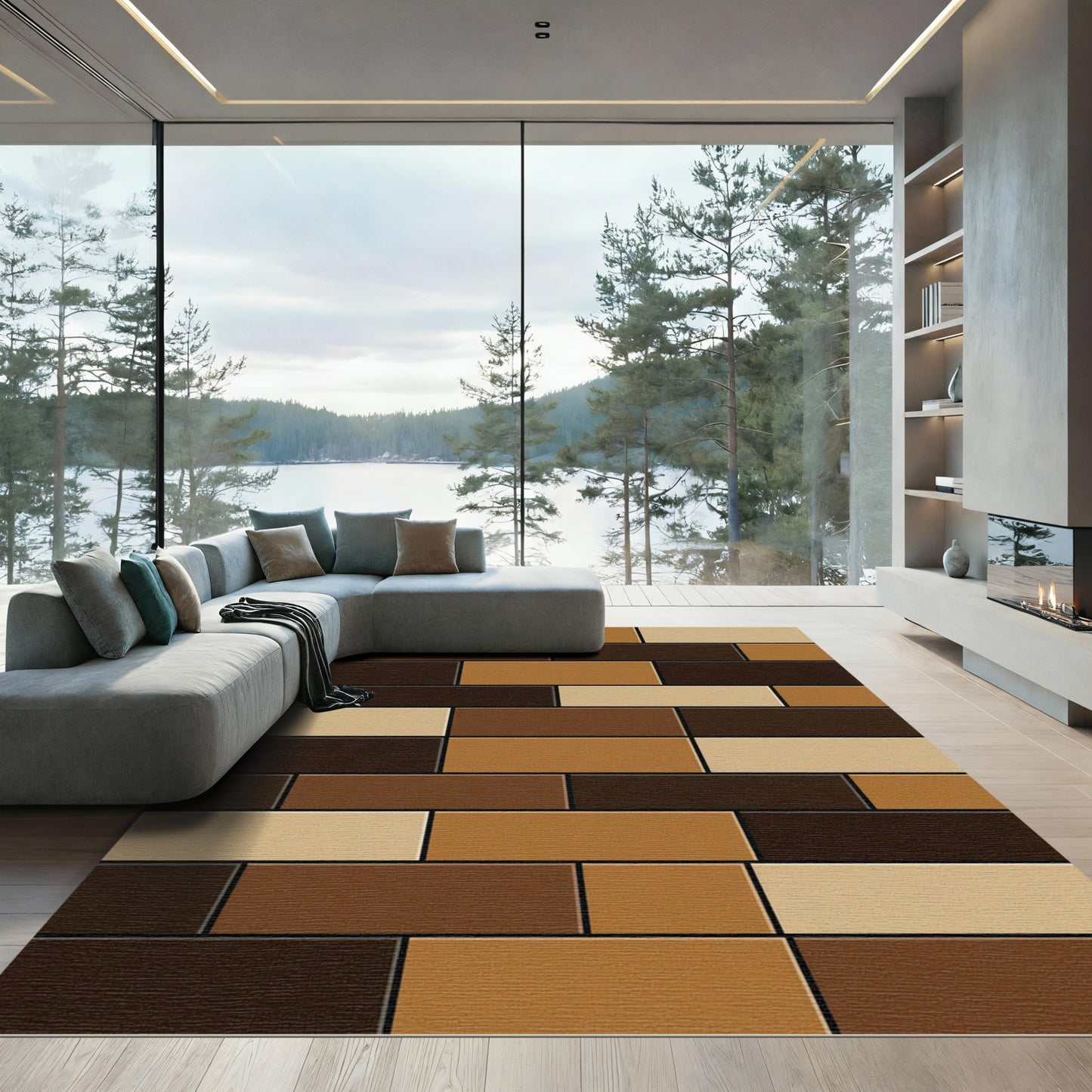 Modern Earthy Brown Geometric Block Rug