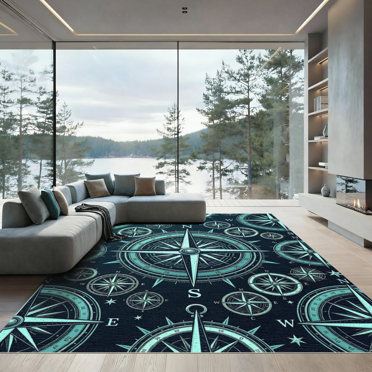 Celestial Teal Nautical Compass Map Rug