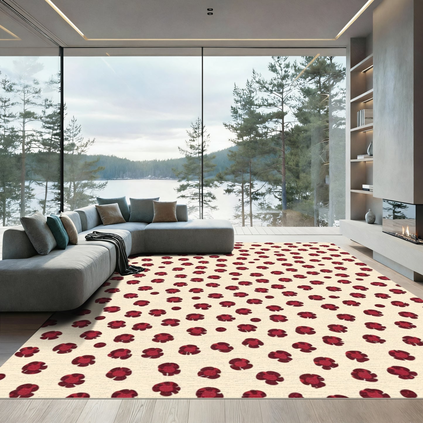 Crimson Floral Burst Cream Rug
