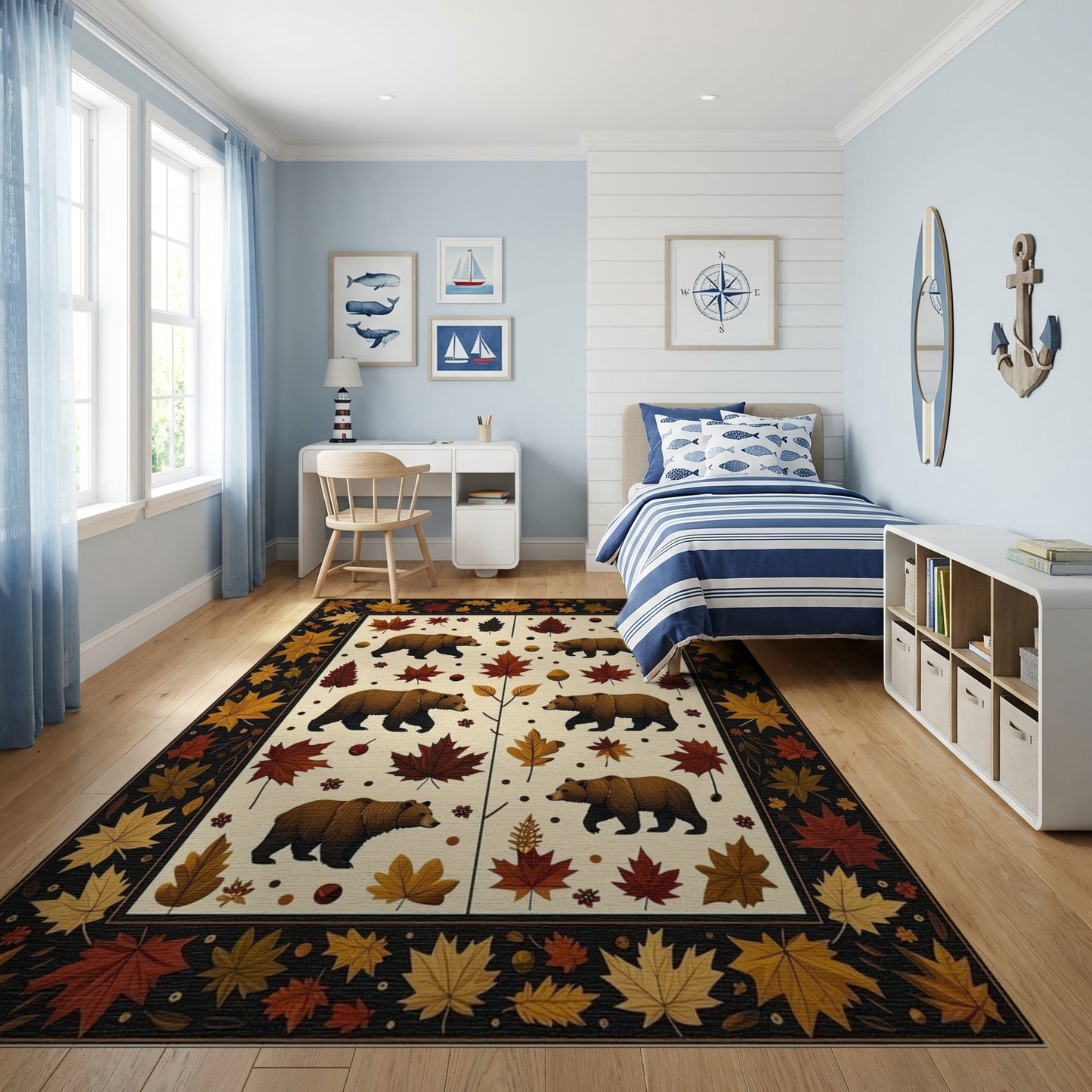 Whimsical Brown Bears Autumn Leaves Rug