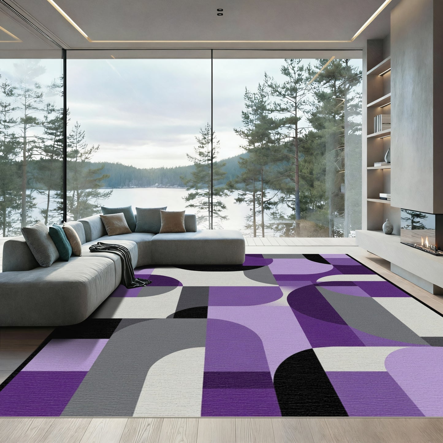 Purple Gray Geometric Rounded Squares Rug