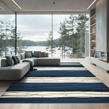 Modern Navy and Cream Horizontal Stripe Rug