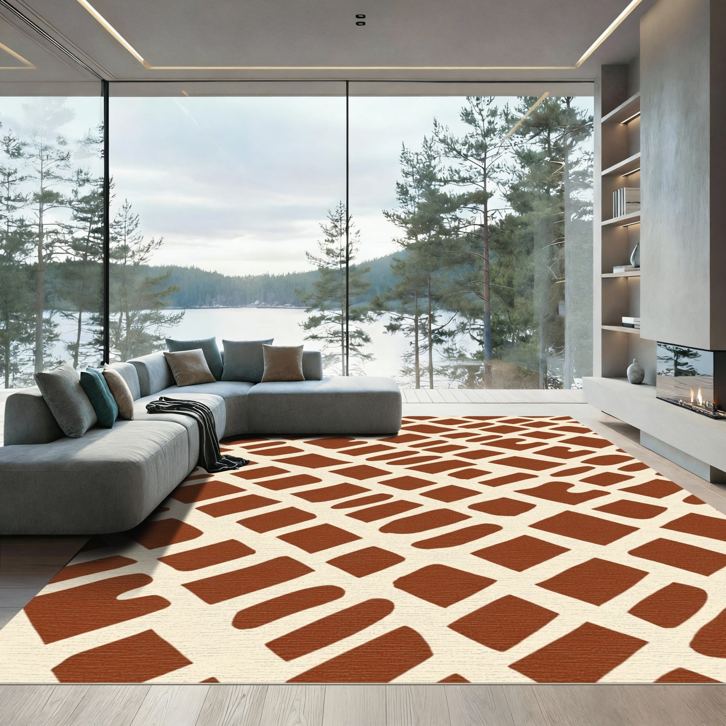 Terracotta Tan Irregular Grid Rug