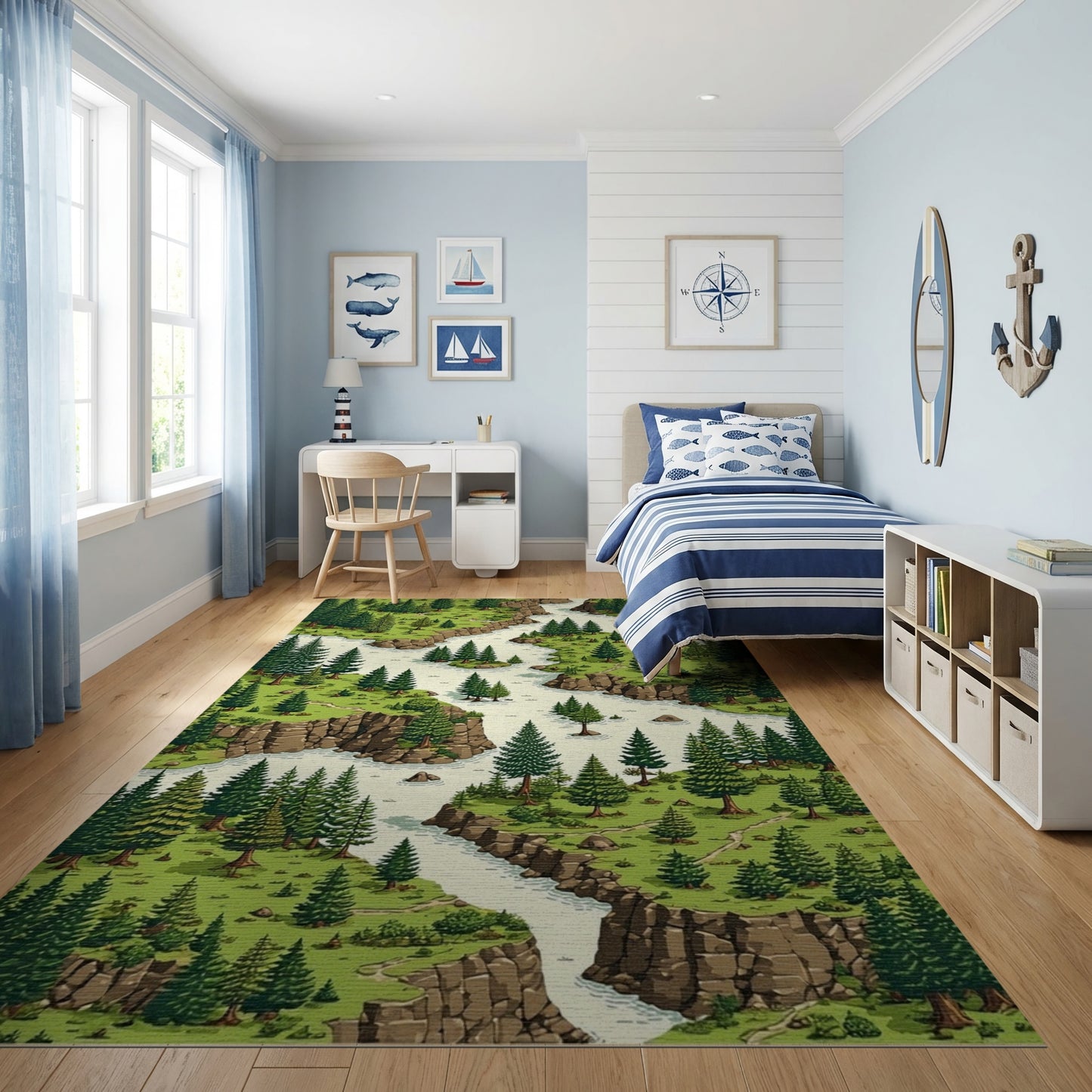 Lush Pine Forest River Canyon Rug