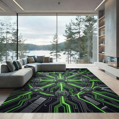 Luminous Cybernetic Circuitry Green Tech Node Rug