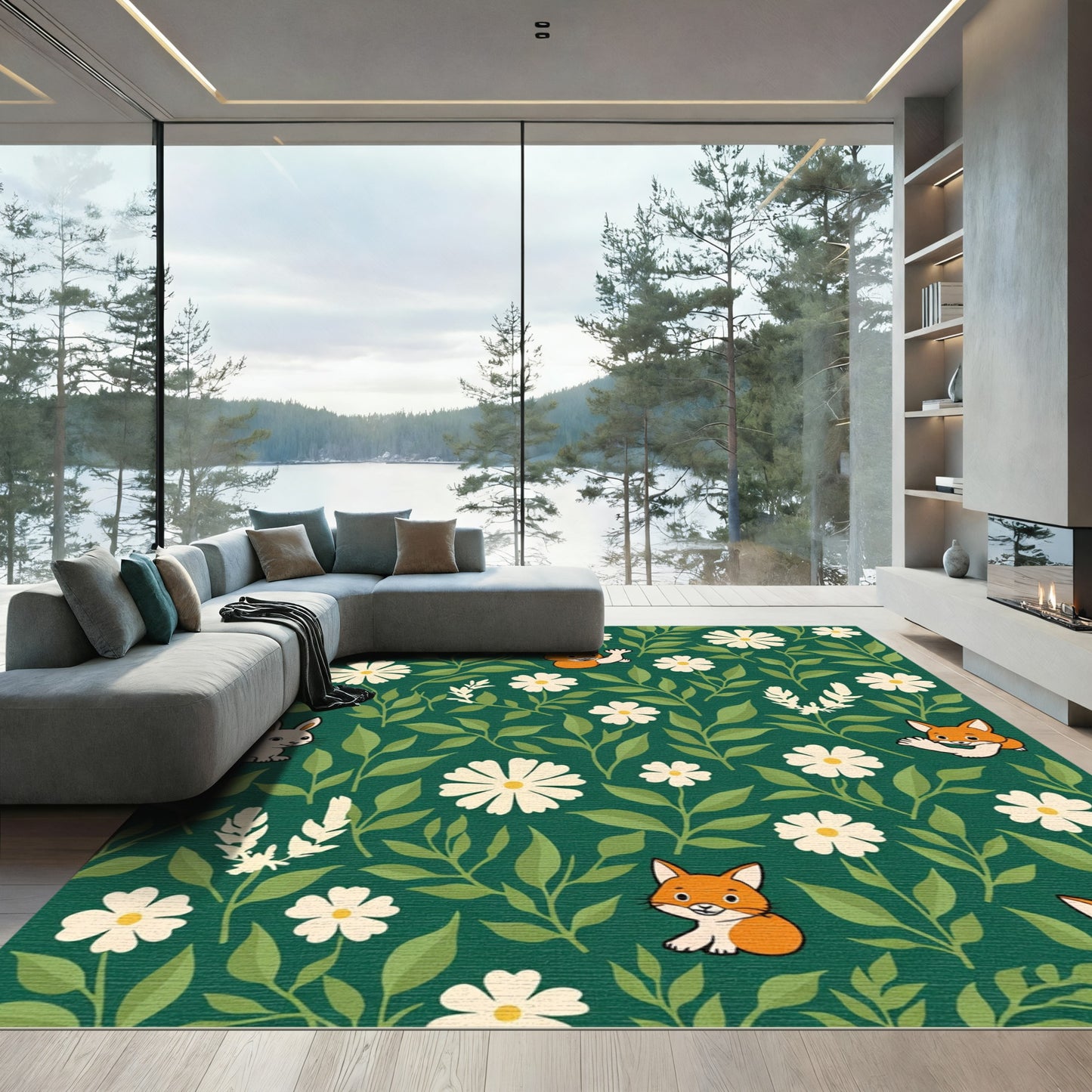 Whimsical Fox and Daisy Garden Rug