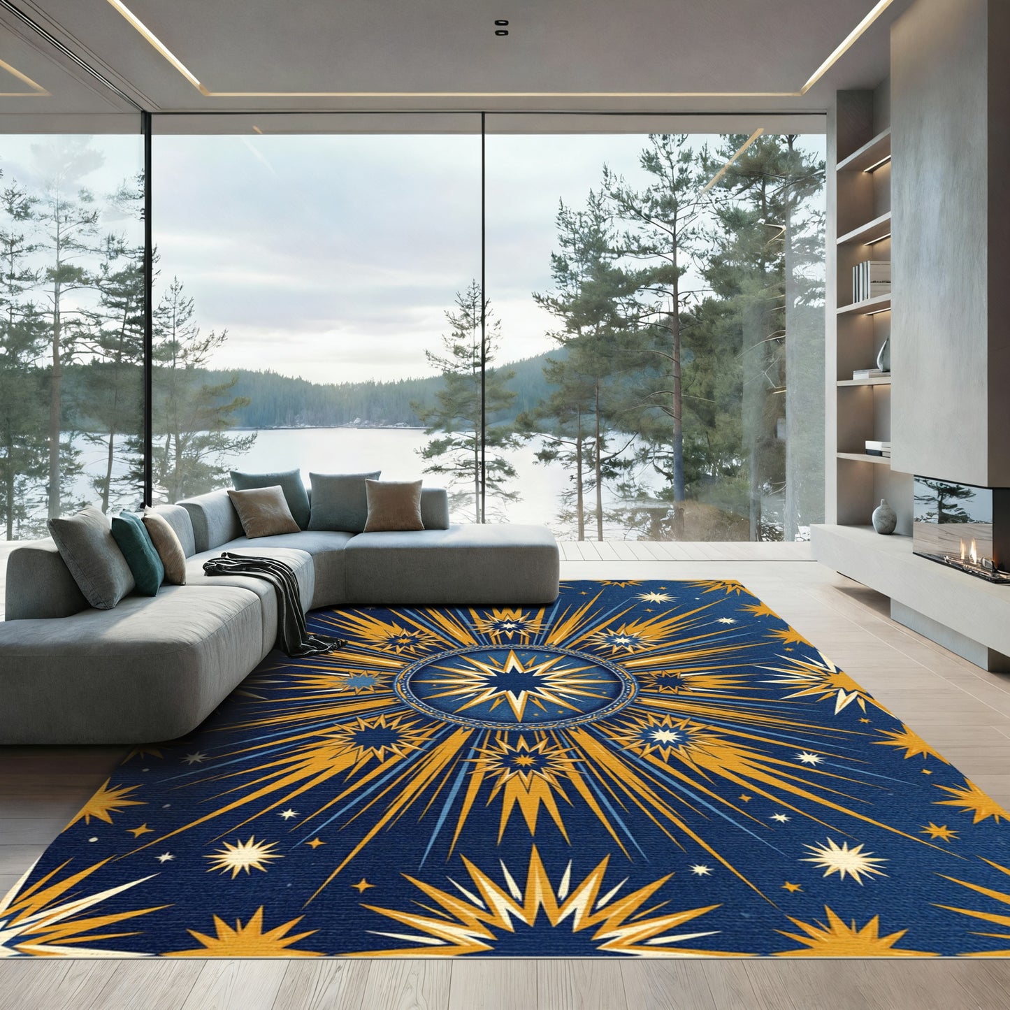 Celestial Navy Golden Radiant Starry Sun Rug