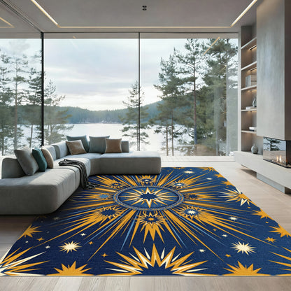 Celestial Navy Golden Radiant Starry Sun Rug