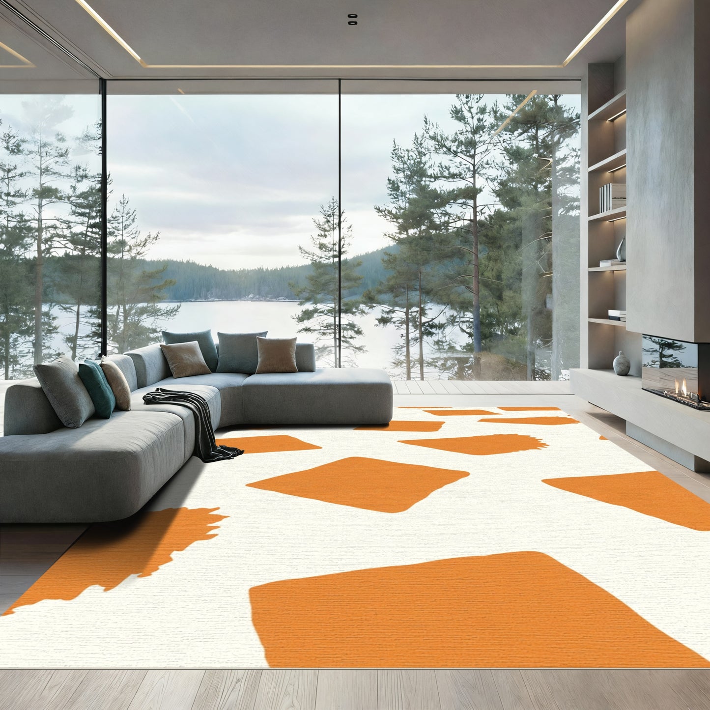 Orange Abstract Brushstroke Squares Rug