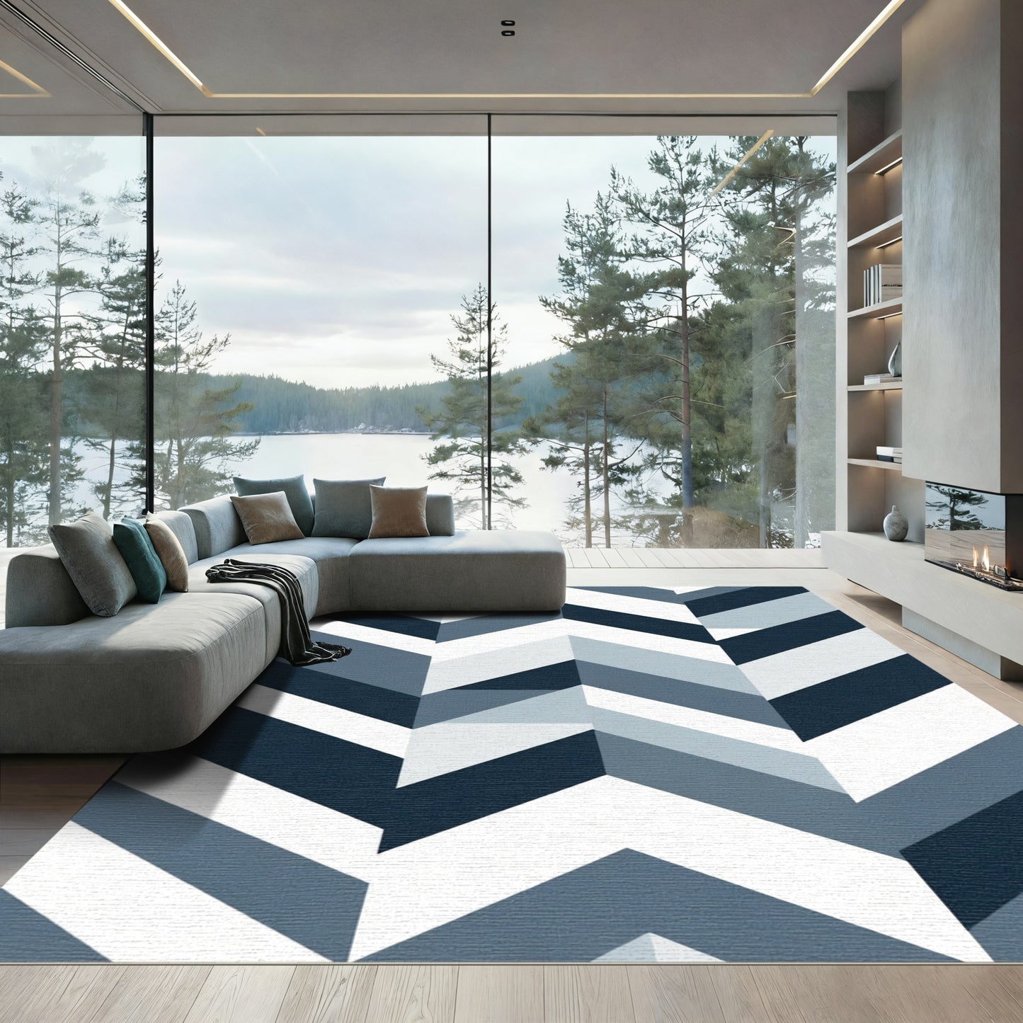 Navy Blue White Geometric Chevron Rug