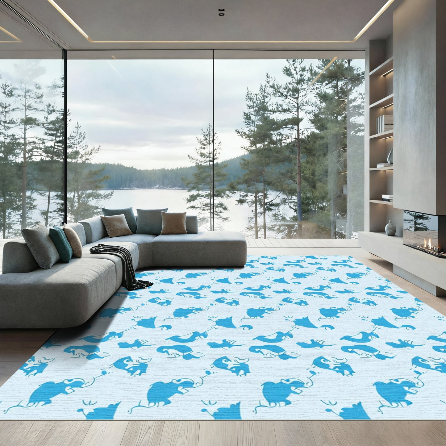 Playful Blue Mammoth Repeating Pattern Rug