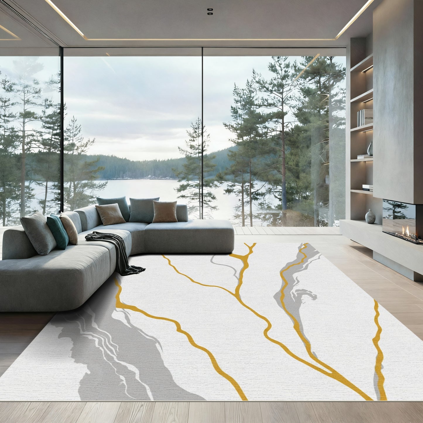 Gold Grey Vein Abstract Marble Rug