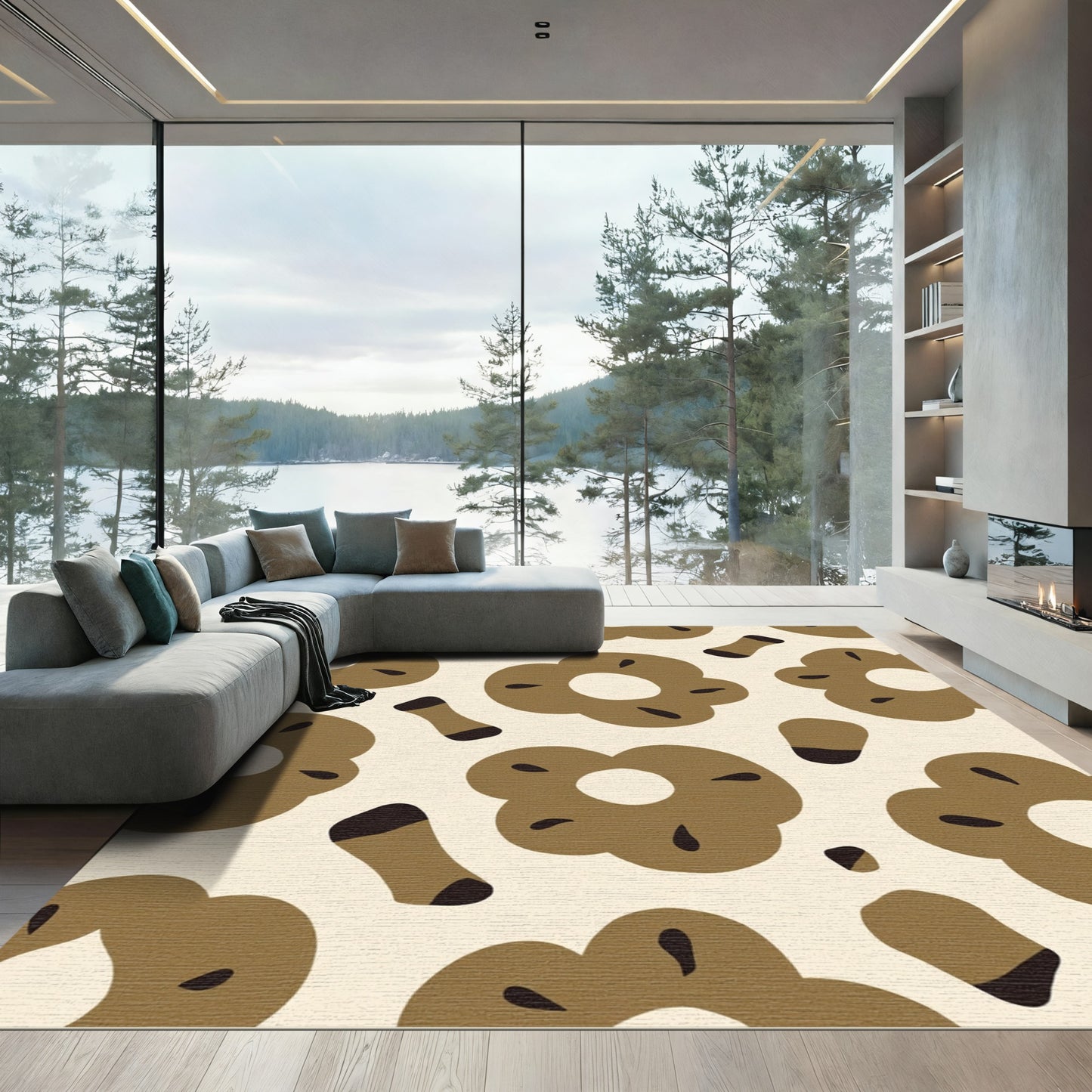 Brown Floral Round Objects Rug