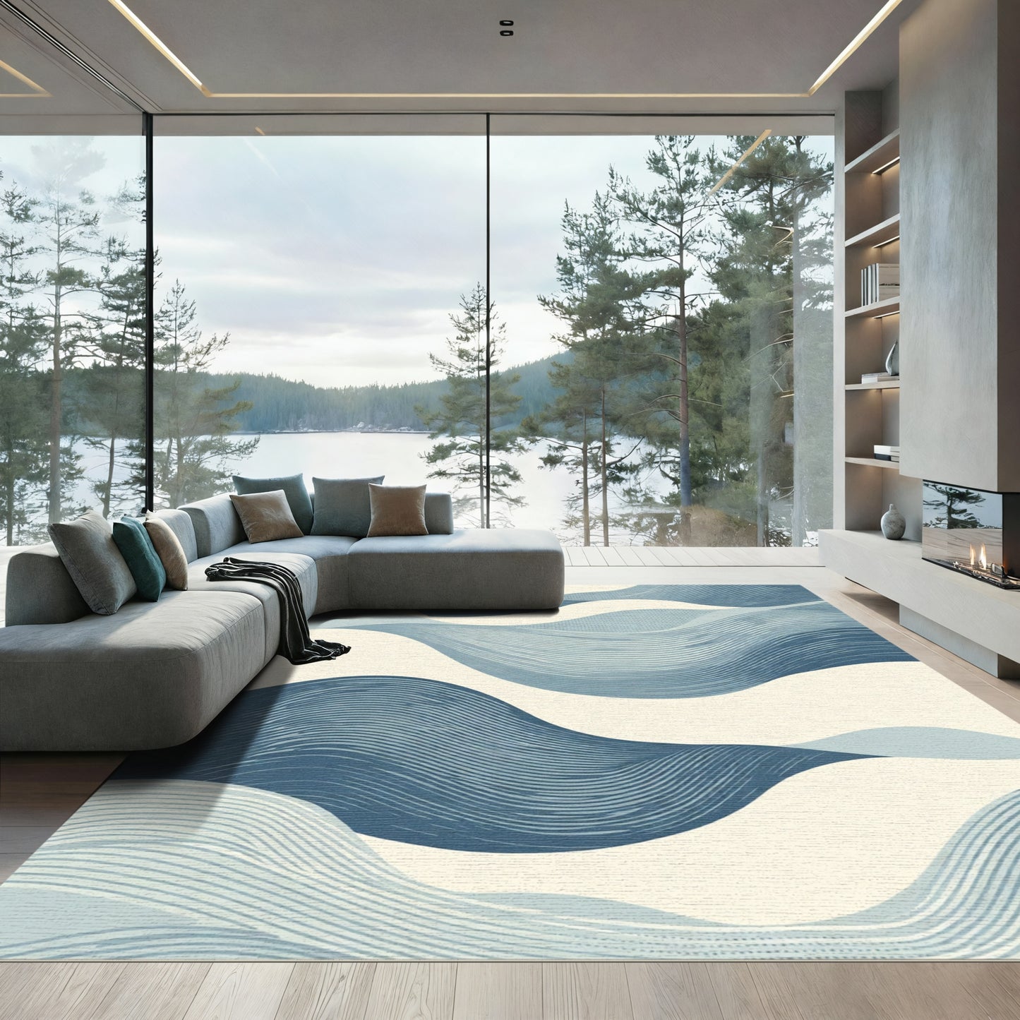 Serene Blue Abstract Wavy Lines Rug