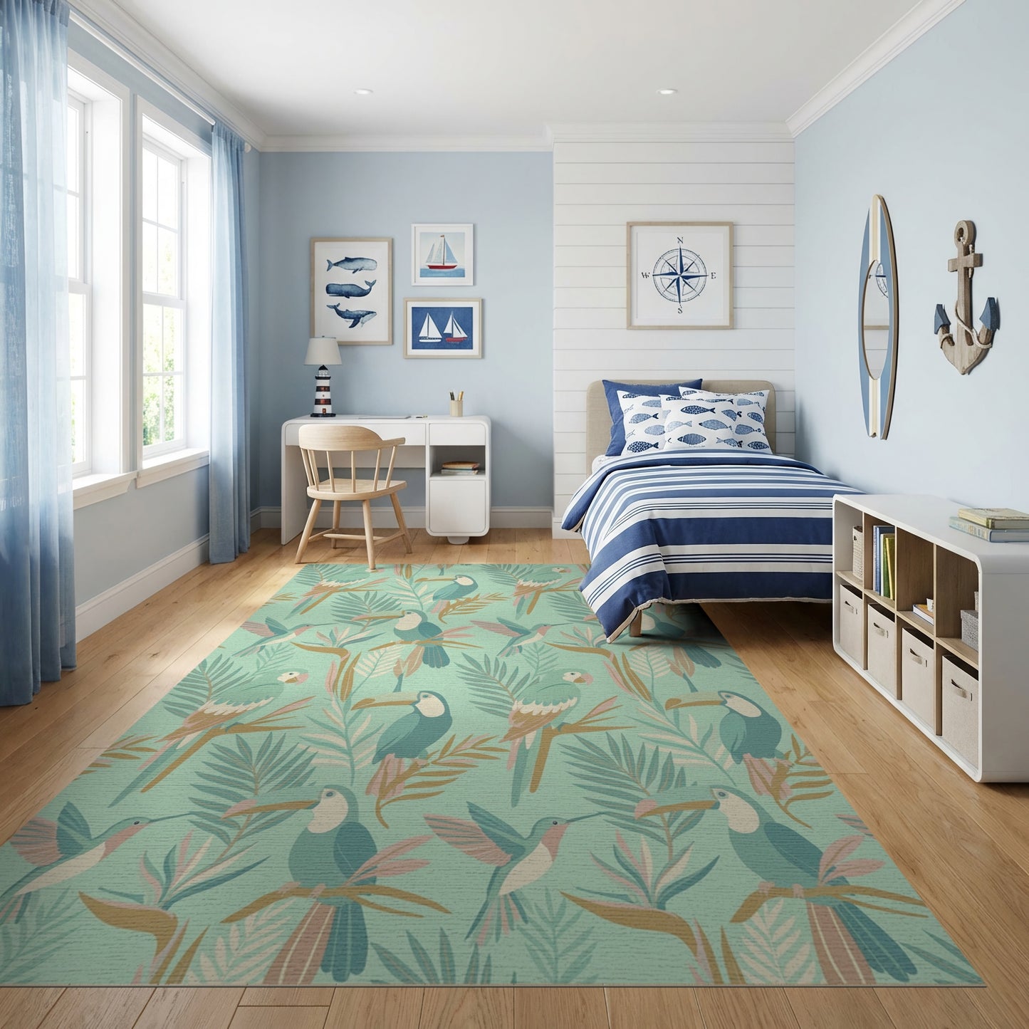Tropical Teal Toucan Fern Hummingbird Rug