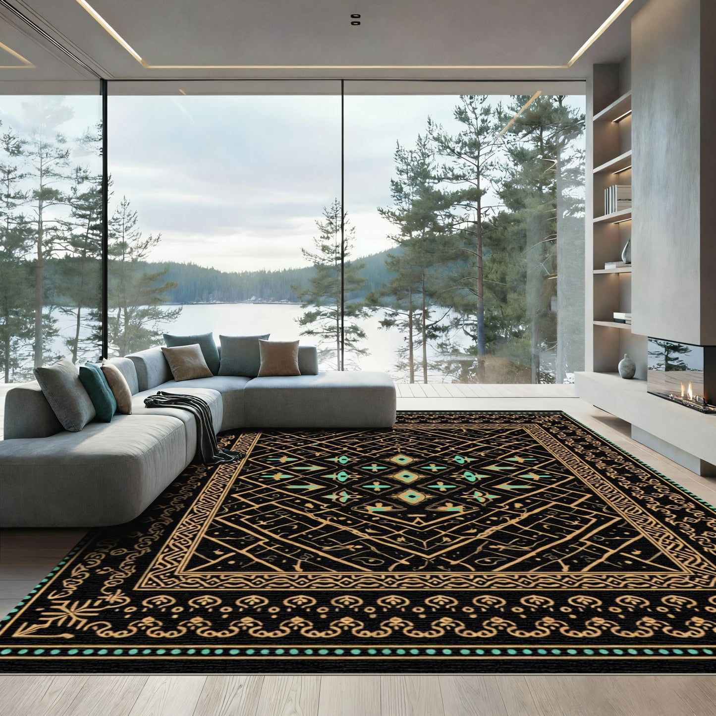 Gold Black Teal Geometric Diamond Border Rug