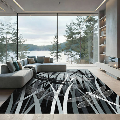 Monochromatic Dragonfly Meadow Silhouette Rug
