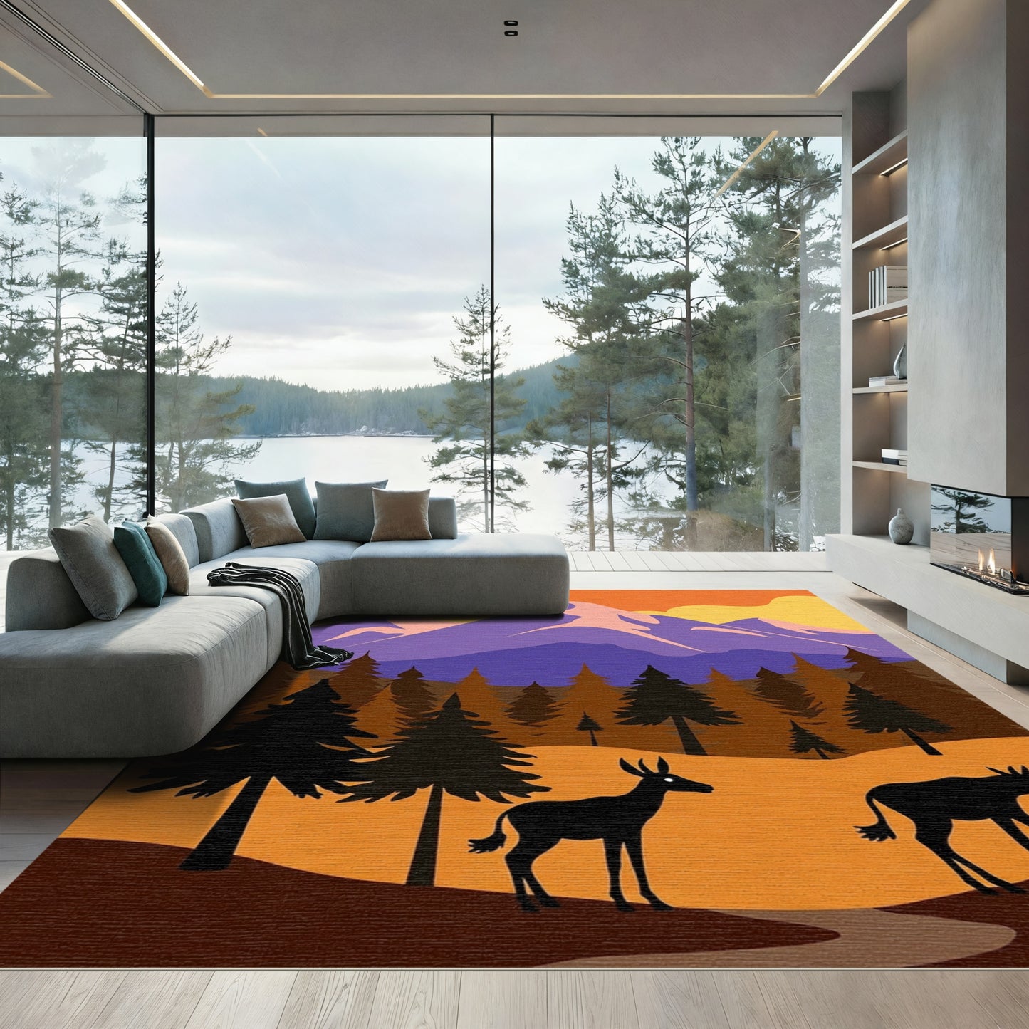 Orange Sunset Mountain Forest Scene Rug