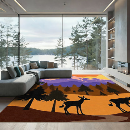 Orange Sunset Mountain Forest Scene Rug