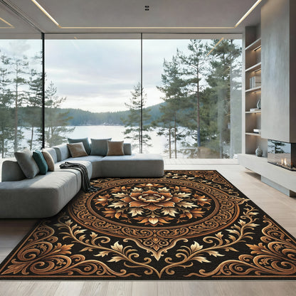 Elegant Gold Floral Medallion Scroll Rug