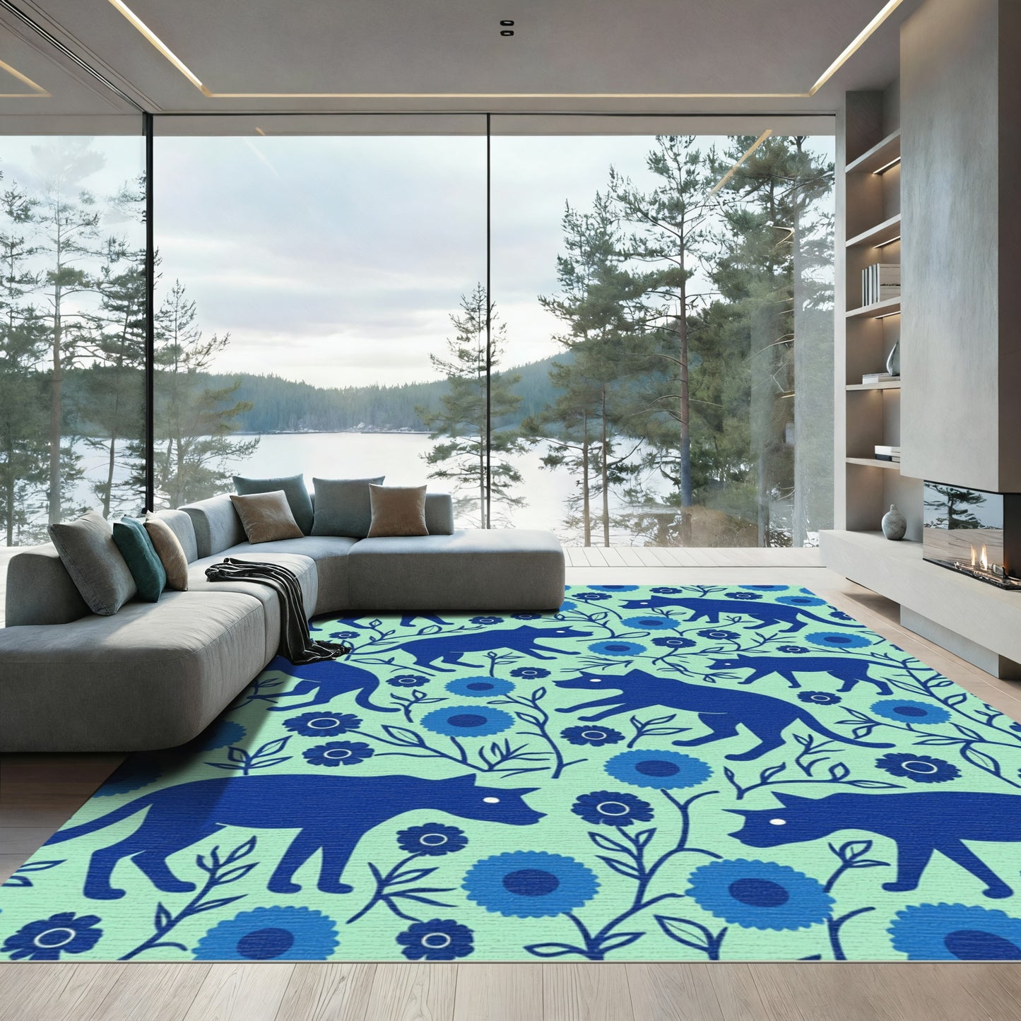 Dark Blue Canines Floral Mint Contemporary Rug