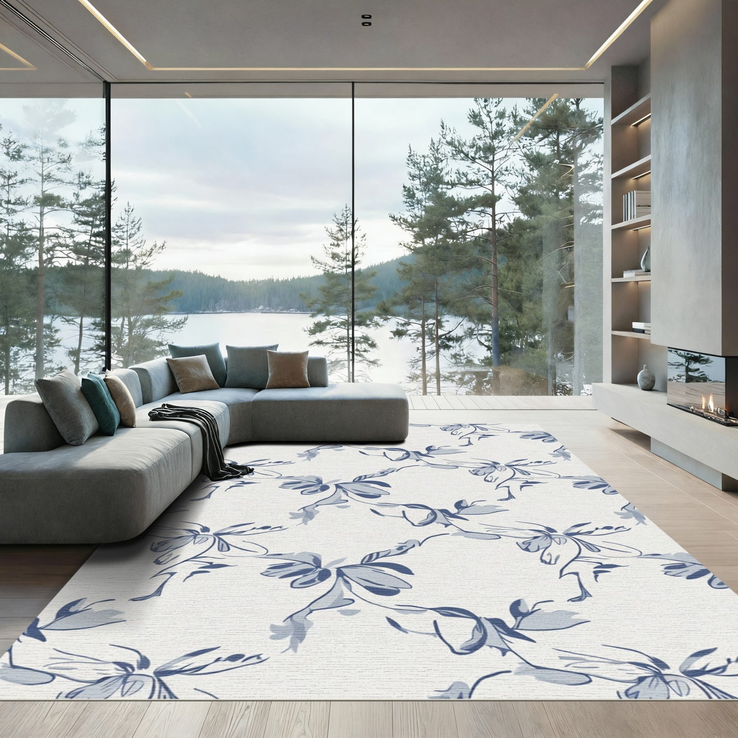 Indigo Blue Abstract Floral Swirl Rug