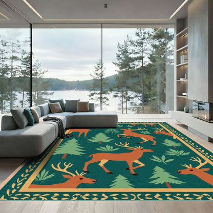 Woodland Deer And Pine Forest Scene Rug