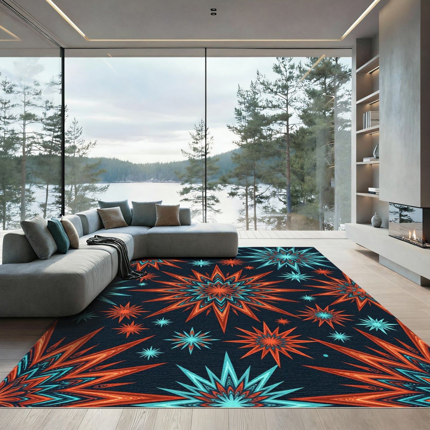 Orange Teal Starburst Explosion Rug