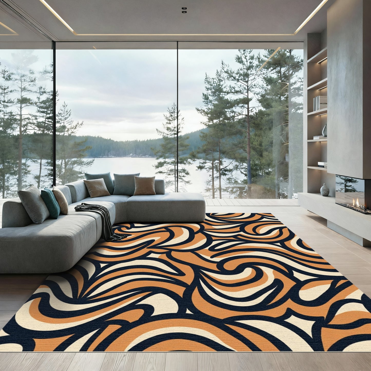 Retro Swirl Abstract Orange Cream Rug