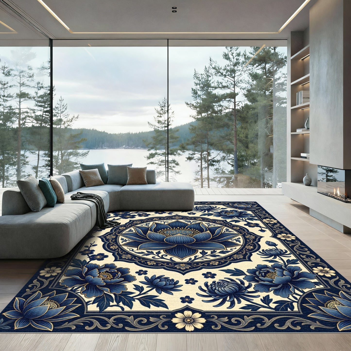 Elegant Indigo Lotus Floral Medallion Rug