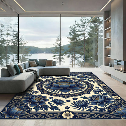 Elegant Indigo Lotus Floral Medallion Rug