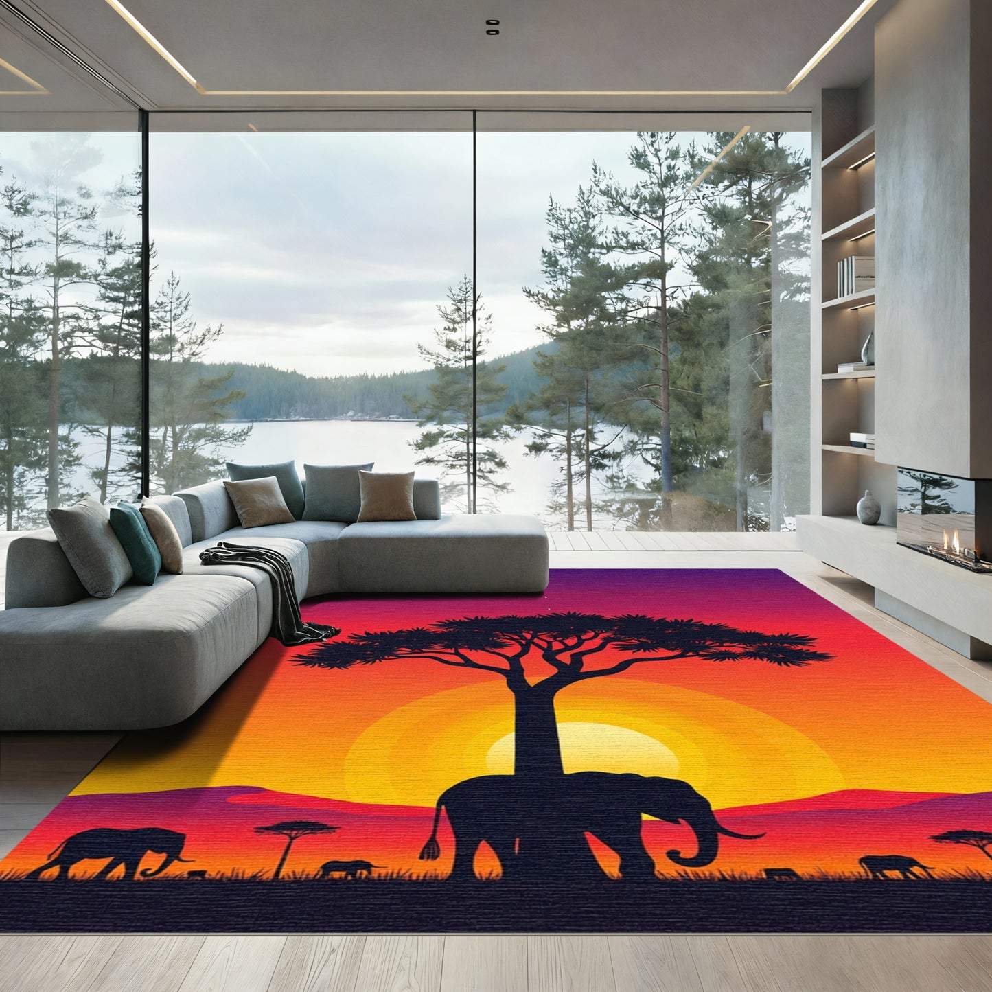 Sunset Savannah Elephant Acacia Tree Silhouette Rug