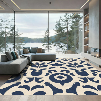 Dark Blue Damask Floral Arrangement Rug