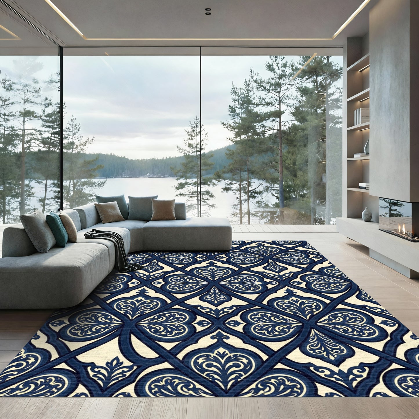 Elegant Navy Cream Damask Lattice Rug
