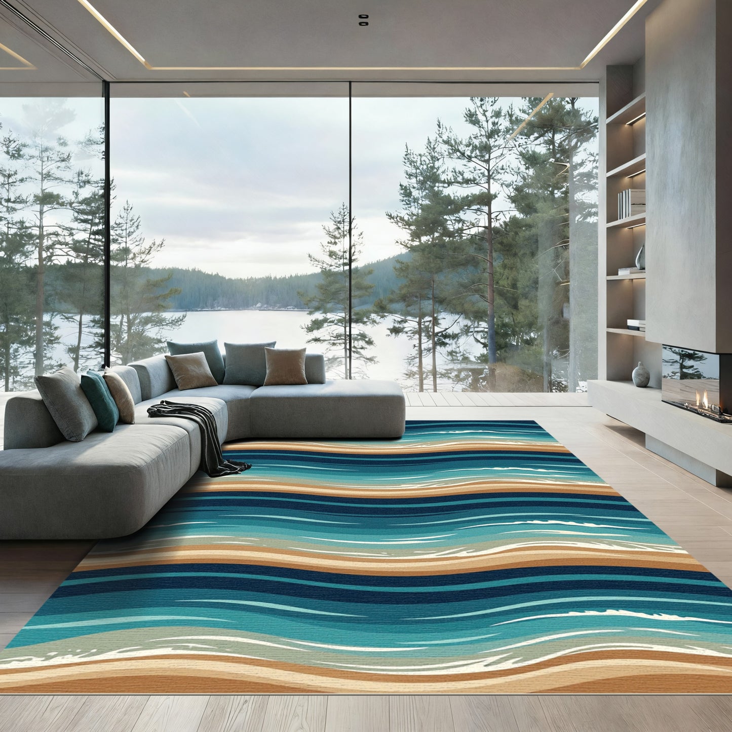 Coastal Blue Tan Wavy Stripe Rug