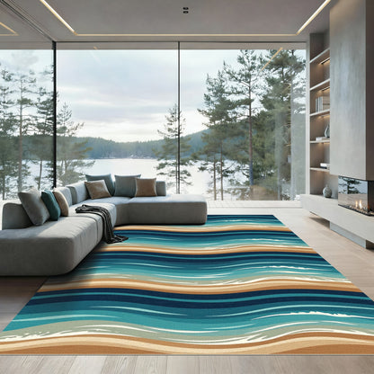 Coastal Blue Tan Wavy Stripe Rug