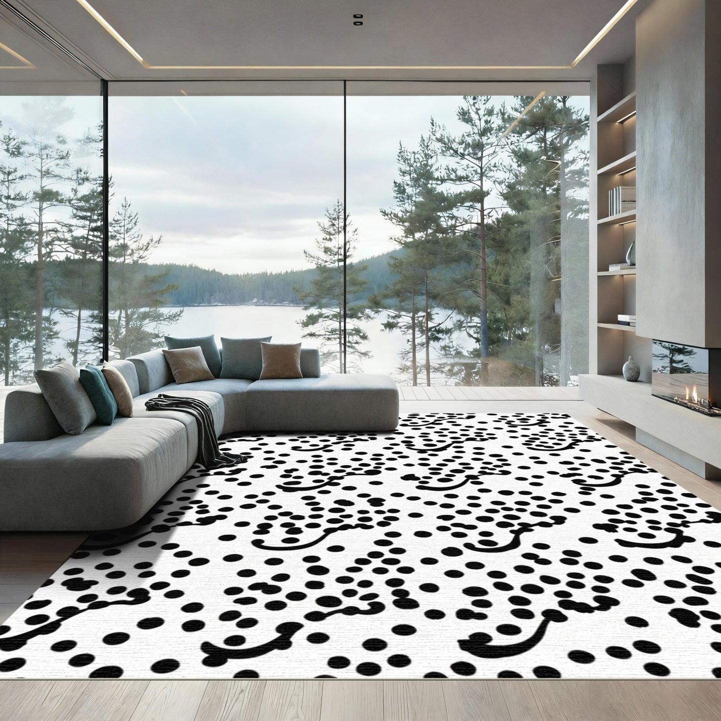 Scattered Black Dot Wavy Line Rug