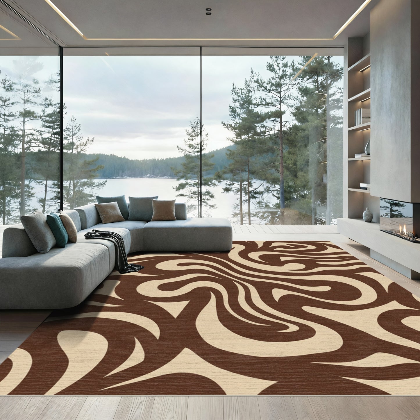 Brown Swirl Abstract Beige Cream Rug
