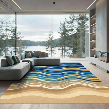 Earthy Blue Gold Abstract Wavy Waves Rug